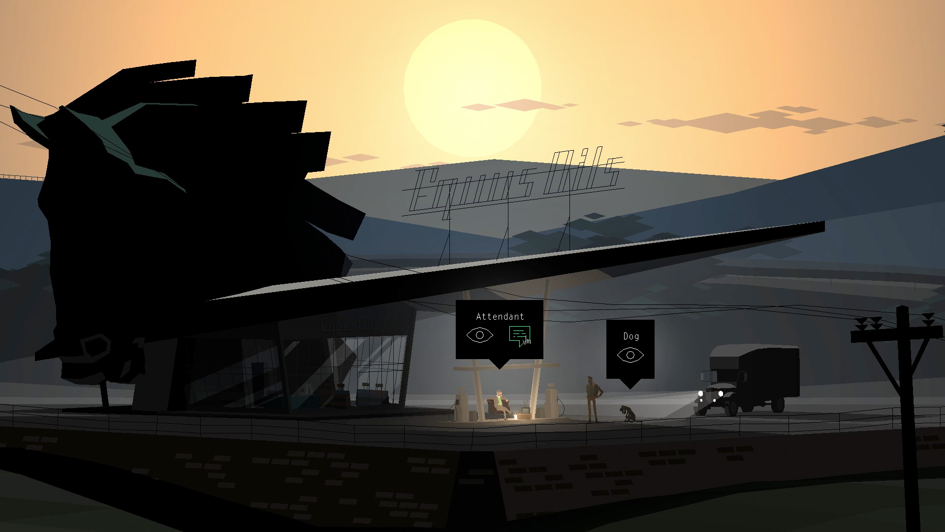 Kentucky Route Zero looks with interaction prompts.